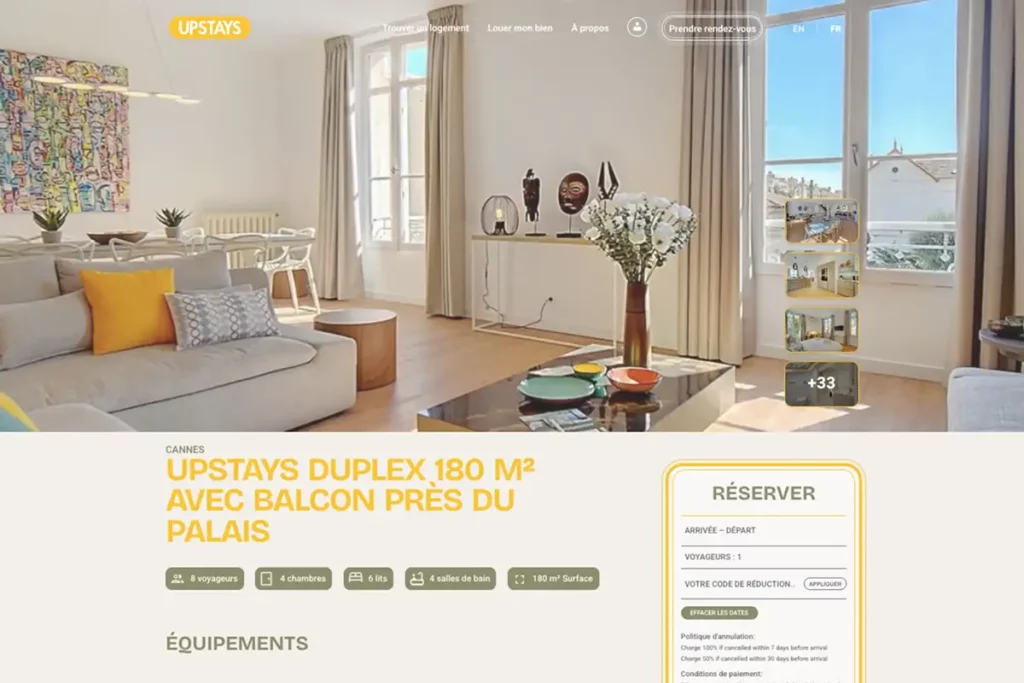 Exemple de l'annonce d'un appartement lumineux avec balcon à Cannes, géré par Upstays, agence de location saisonnière à Cannes
